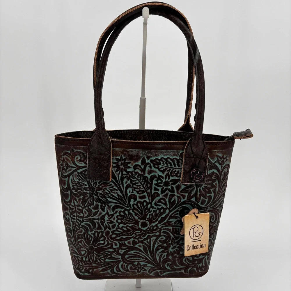 P&G Collection Tote Bag Womens Small Brown Turquoise Western Floral Cowgirl New